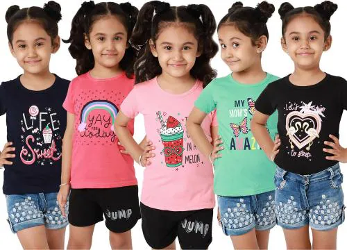 Little Zing Girls Multicolor Pure Cotton Typography Pack Of 5 T Shirt | Girls tshirt | Kids Tshirt | Kids Wear | Tshirt for Girls | Baby Clothes | T shirt for Girls | Girl T-shirt