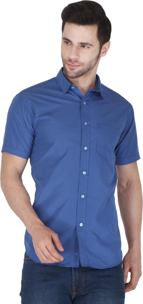 PP SHIRTS Men Blue Solid Cotton Blend Spread Casual Shirt (S)