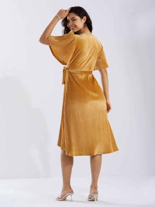 AASK Women Solid Gold Color PlainV Neck Half Sleeves Dress For women