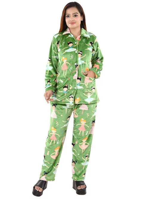 NACNO Women's Woolen/Winter Super Soft Fleno Shirt & Pajama Set/Night Suit Green