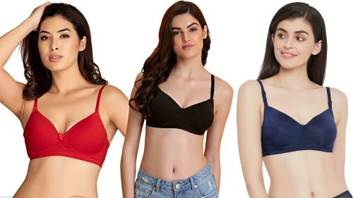 Inner Happiness Black, Blue and Red Cotton Blend Pack of 3 Women Non Wired Full Cup Multiway Push Up Heavily Padded Bras