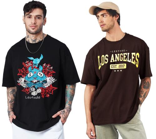 LEOTUDE Oversized Cotton Blend Half Sleeve Men's T-Shirts Combo (Pack of 2)