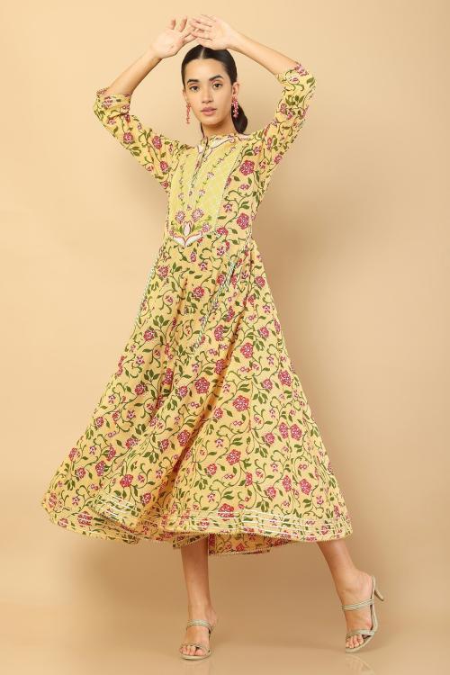 Soch Yellow Anarkali Kurta With Printed Motifs And Embroidered Yoke