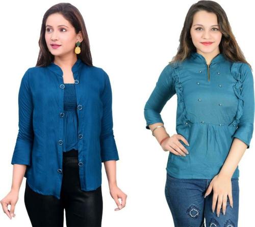 Fikroo Girls Blue Self Design Cotton Blend Top 15 - 16 Years (Pack of 2)