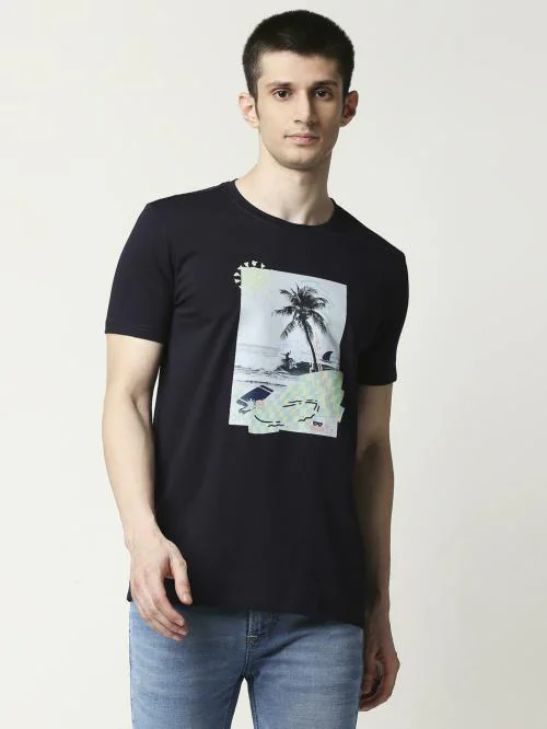 RAGWAY Men Navy Cotton Graphic T-Shirts ( L )
