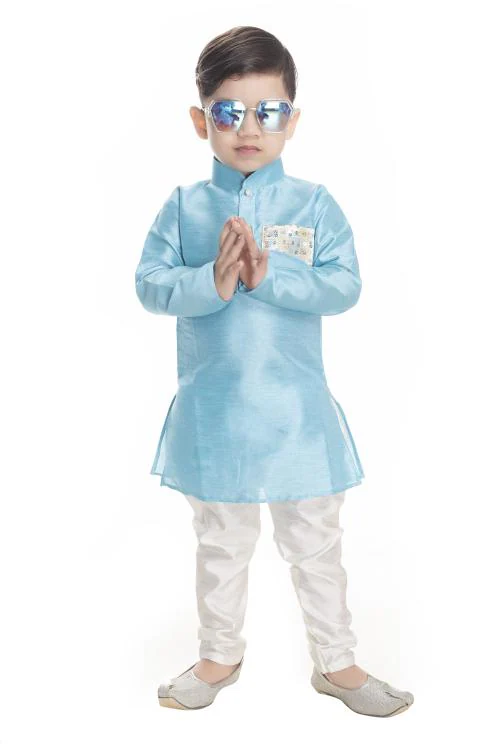 NEW GEN BOYS LIGHT BLUE PRINTED 100% COTTON PACK OF 1 JACKET KURTA & PAIJAMA PANT