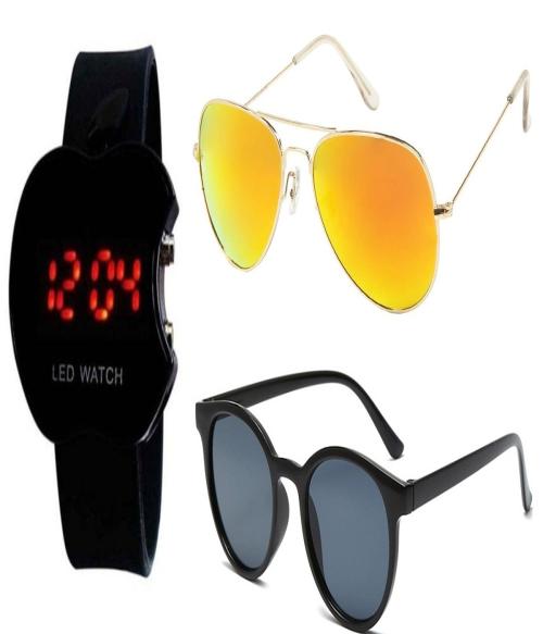 Y&S Unisex Sunglasses for Men And Women with Led Digital Wrist Watch Combo ( YS2107-AVGM-SlfBLk-Led )