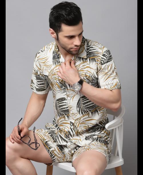 Rigo Men White Palm Leaves Print Rayon Half sleeves Co-ord Set
