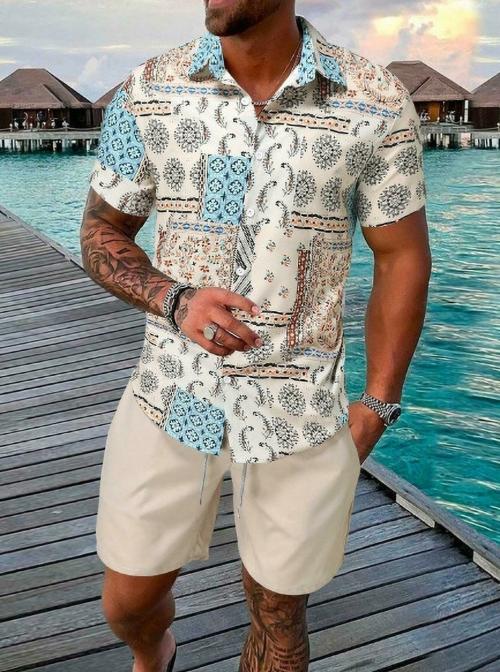 FASTDEAL Men Cotton Reyon Printed Beige, Blue Shirt and Shorts Set