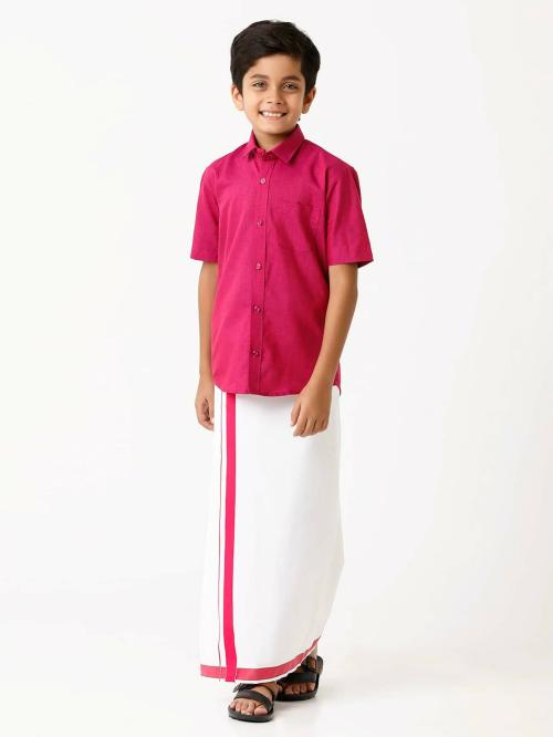 UATHAYAM Varna Cotton Solid Half Sleeve Shirt and Dhoti Set Combo For Boys(Dark Pink)