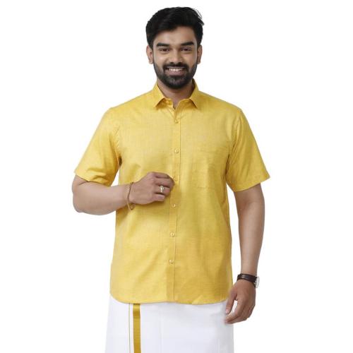 UATHAYAM_Ariser Vintage Yellow Cotton Rich Solid Formal Slim Fit Half Sleeve Shirt for Men (Pack of 1)