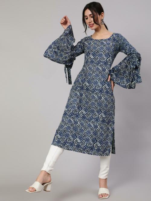 Aks Blue & White Printed Straight Kurta
