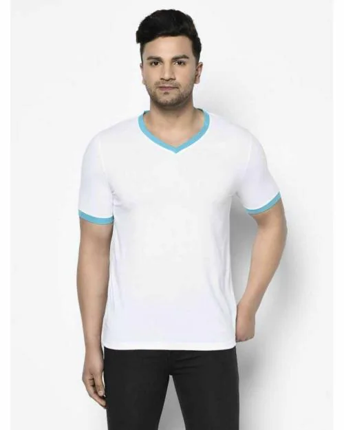 Buy Glito Solid White & Sky Bue Half Sleeves V-Neck T-shirts For Men's ...