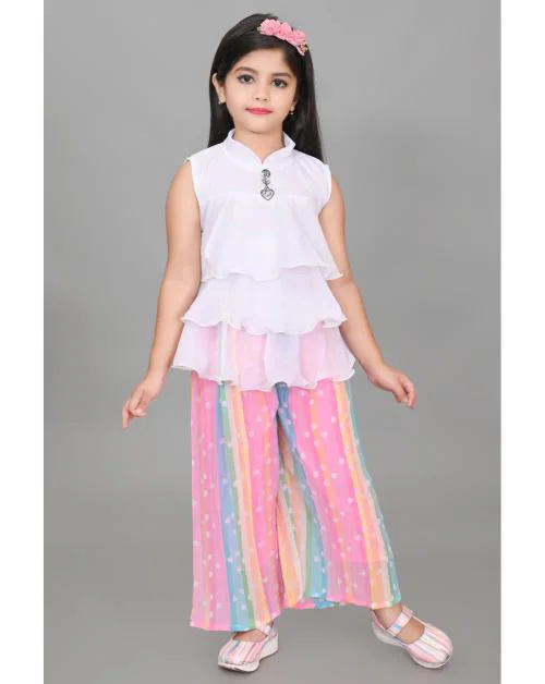NEW TUSI DRESSES Chiffon Printed Top Pant Set For Girls (Pink)|Pack of 1 |Size-3-4 Year