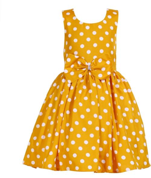 HUNOOR Girls Yellow Polka Print Crepe Fit and Flare Dress