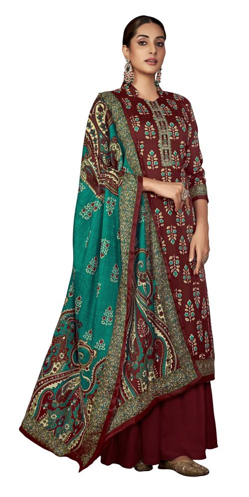 THE JAZZBAAT Women's Unstitched Digital Print Pure Wool Pashmina Fancy Embroidered Winter Salwar Suit Dress Material with Printed Pure Pashmina Shawl Dupatta Free Size (Maroon)