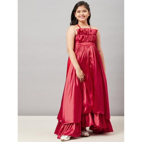 Stylobug Girls Red 100% Polyester Square Neck Full Length Party Gown Dress