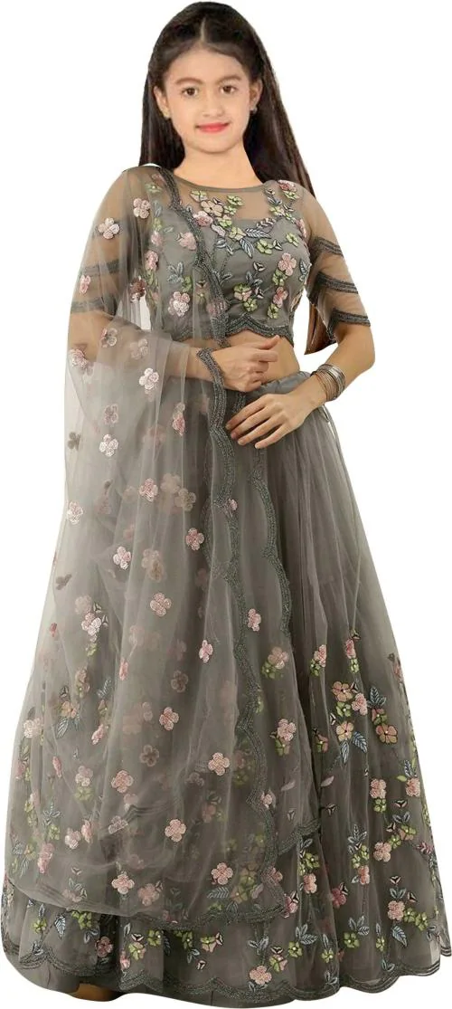 PUSHPANSH 11 Girls Grey Embroidered Net Lehenga Choli and Dupatta (13-14 Y)