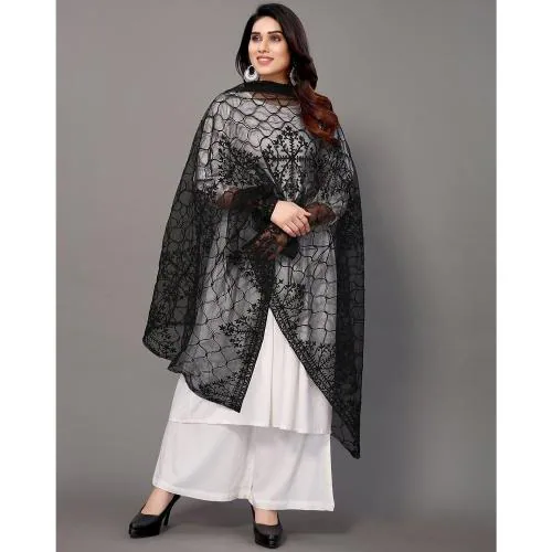 Miss Lady Fashion Women's Heavy White Colour Net Embroidered Fancy phulkari work Dupatta for women (Black)