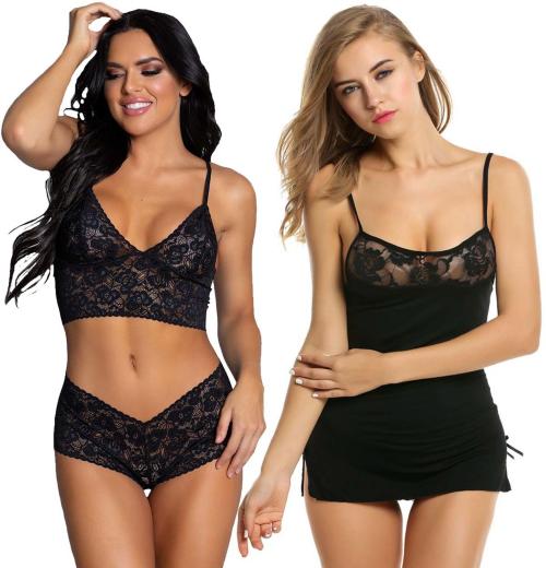 PHALIN Women Black Self Design Net, Lace, Viscose Pack Of 2 Babydoll (Free Size)