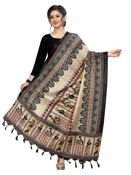 Kemza Women's Printed Cotton Silk Dupatta (Black) with Madhubani Print