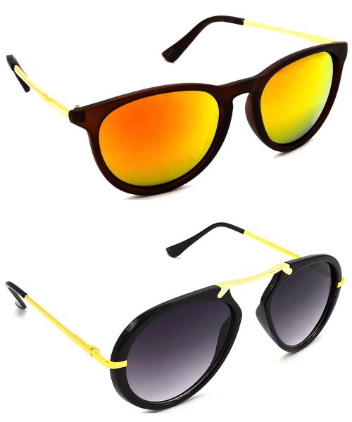 Red Leaf Men Women Boys & Girls Round & Wrap-around Sunglasses Golden Frame, Golden & Grey Lens (Medium) Pack of - 2