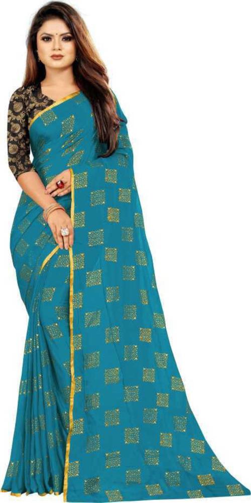 TOXEGO Women Light Blue Printed Chiffon Bollywood Saree