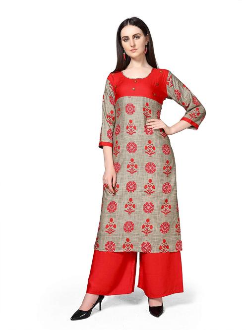 Pranjal Women Brown Rayon Slub Kurti With Palazzo (Brown)_XXL