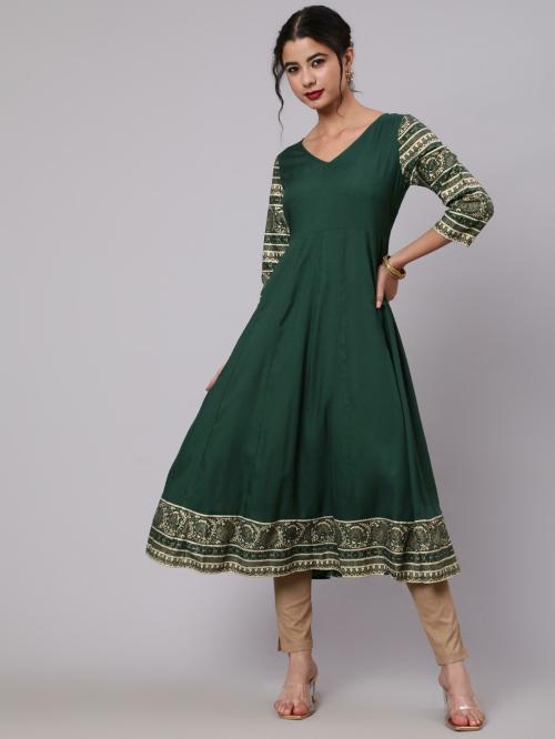 Aks Dark Green Solid Anarkali With Printed Sleeve & Border Detail