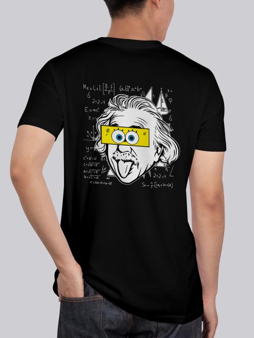BLISSINK SpongeBob SquarePants Einstein Front And Back Printed Black Cotton Tshirt for Men