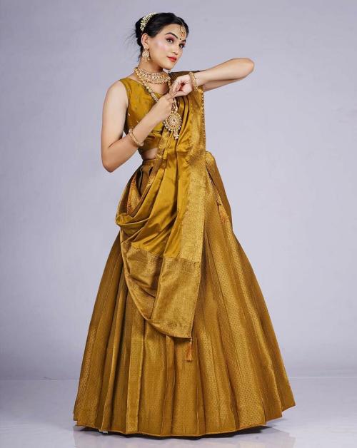 HALFSAREE STUDIO Musterd Zari Work Banarasi Silk Lehenga Choli