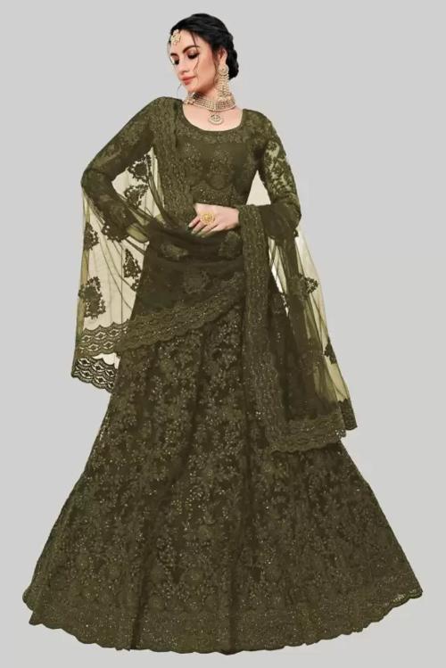 SkyTara Net Embroideried Chain Work With Diamond Work Lehenga (Mahendi)