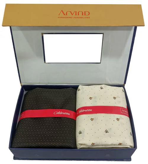 Arvind Polycotton Cream print Shirt & Trouser Fabric