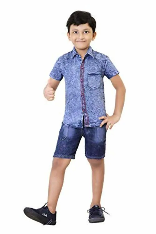 HIZUME Boys Blue Half Shirt with Denim Half Pant Combo Set - 5-6 Y