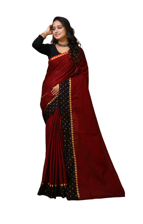 Esena Textiles Women's 100% Pure Cotton Mul Mul Saree |Self Design Woven Black & Gold Border (Red)