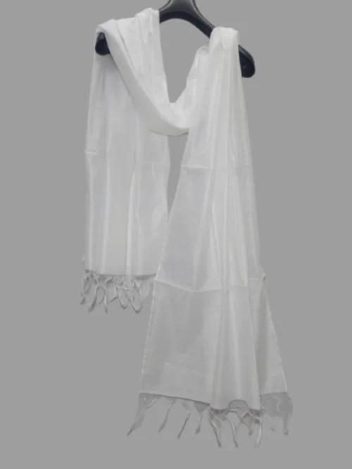 Khadija's Women's Plain Pv Cotton Banarasi Silk White Dupatta.