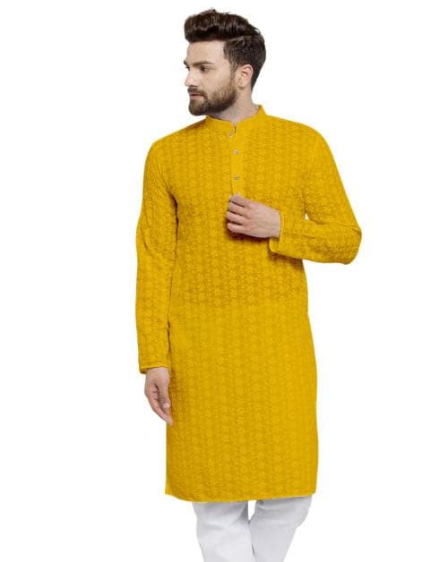 Yellow Cotton Chikankari Lucknowi Jaal Embroidered Kurta For Men Size Large