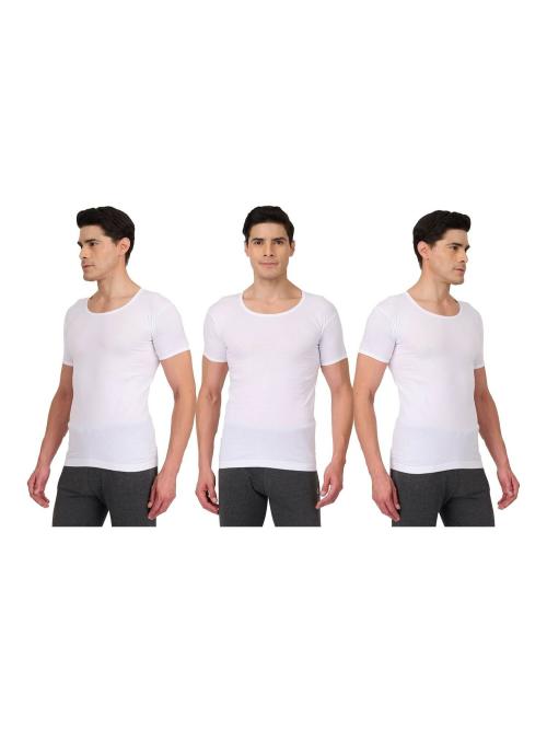 PRAKASAM COTTON Mens Combed Cotton Round Neck Half Sleeve White Vest with Extended Length for Easy Tuck (Platinum) Pack of 3