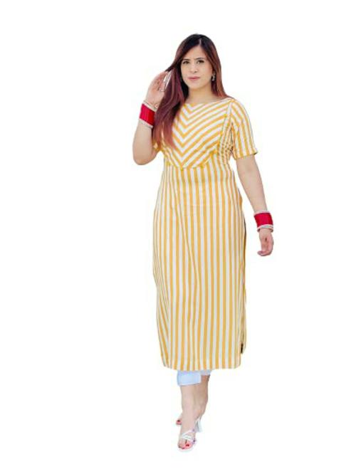 Lakhina Couture Women Yellow Striped Cotton Rayon Blend Straight Kurti