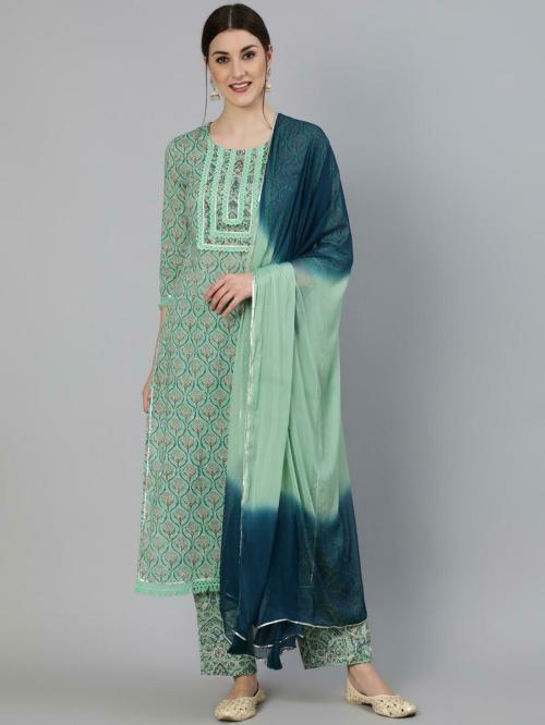 Gulmohar Jaipur Women Green Printed Pure Cotton Kurta Suit Set