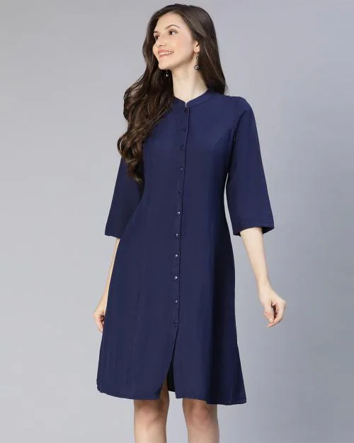 Fresh dark blue women casual button -down dress