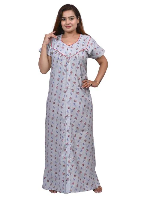 NACNO Women's Printed Cotton Front Open Nighty/Maxi/Nightgown Blue