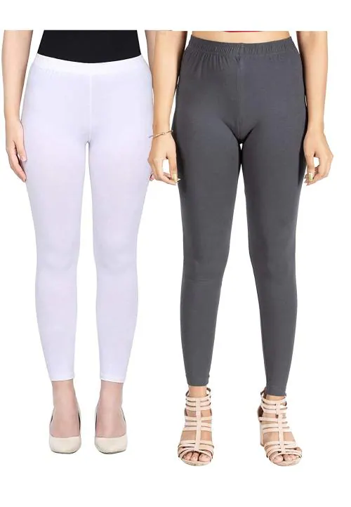 KEX White Grey Solid Cotton Ankle Length Legging Combo Legging Combo Girls Legging Combo Ankle Legging Combo