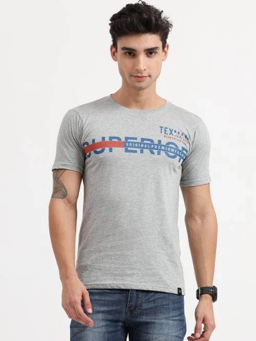 Texman Men's Grey Melange Front Superior Text Printed Round Neck T-Shirt, Size XL