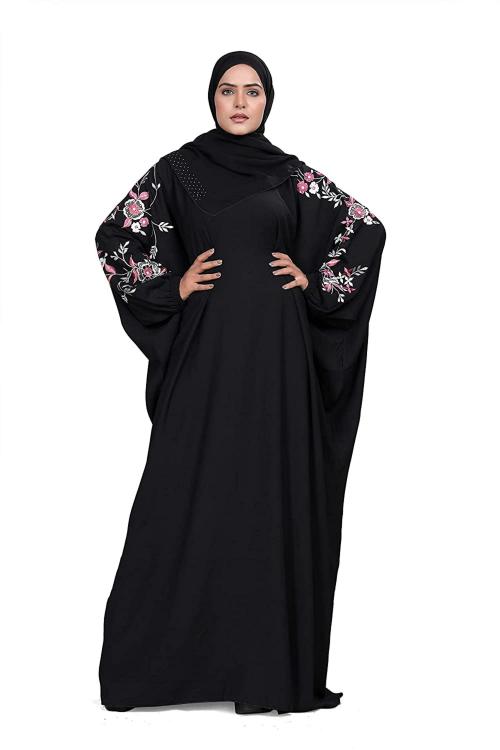 KHADIJA FASHION Women Black Embroidered Abaya with Hijab (M)
