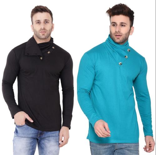 Buy Lawful Casual Men Multicolor Solid Cotton Blend High Neck T-shirt ...