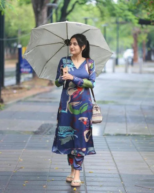 GoSriKi Women's Blue Cotton Blend Printed Straight Kurta Set With Trousers