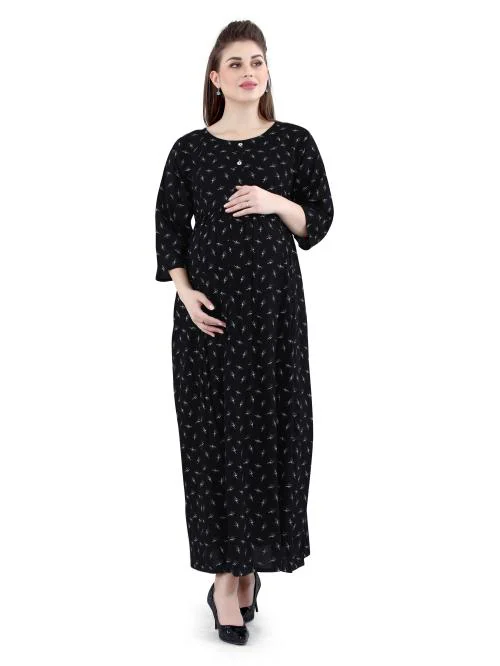 Lovely Mom's Feeding Dress, Maternity Wear Post Pregnancy Gown, Maxi Dress with 2 sided Zipper - Black - M, Viscose Rayon