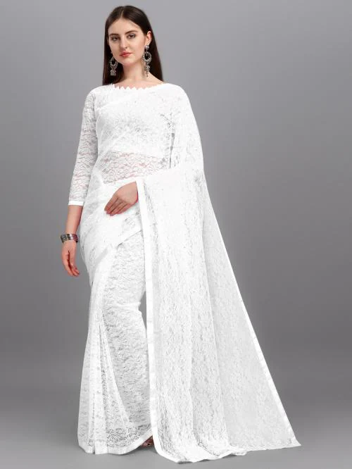 LOROFY Women White Net Saree