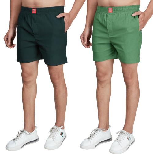 Buy Pack of 2, Forest Green & Lime Green Coloured 4 Way Lycra Boxer Shorts For Men M Online at
